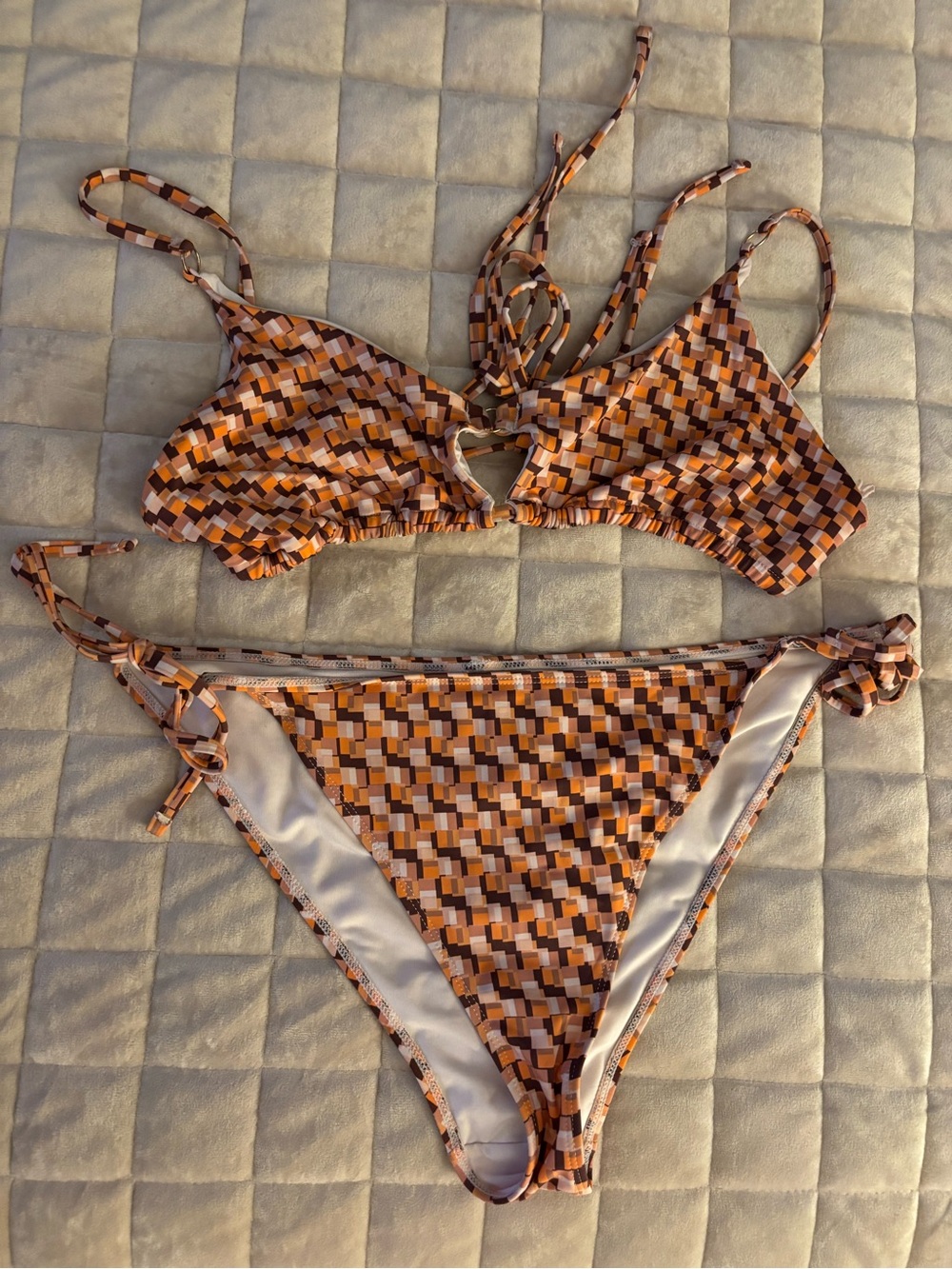 Garage Orange Brown Geometric Tie-Side Bikini Women’s Size L